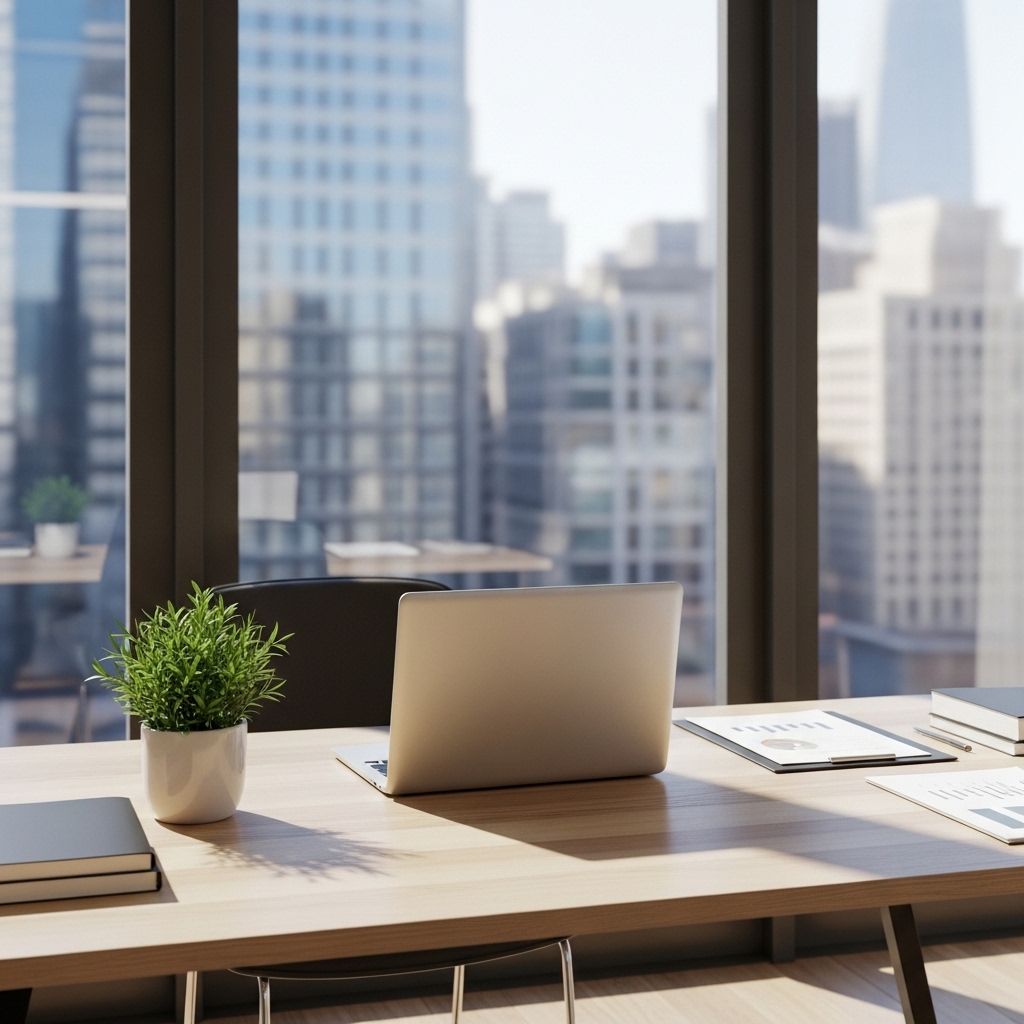 Bright modern office space with large windows, a wooden desk with a laptop, a small potted plant and natural daylight streaming in