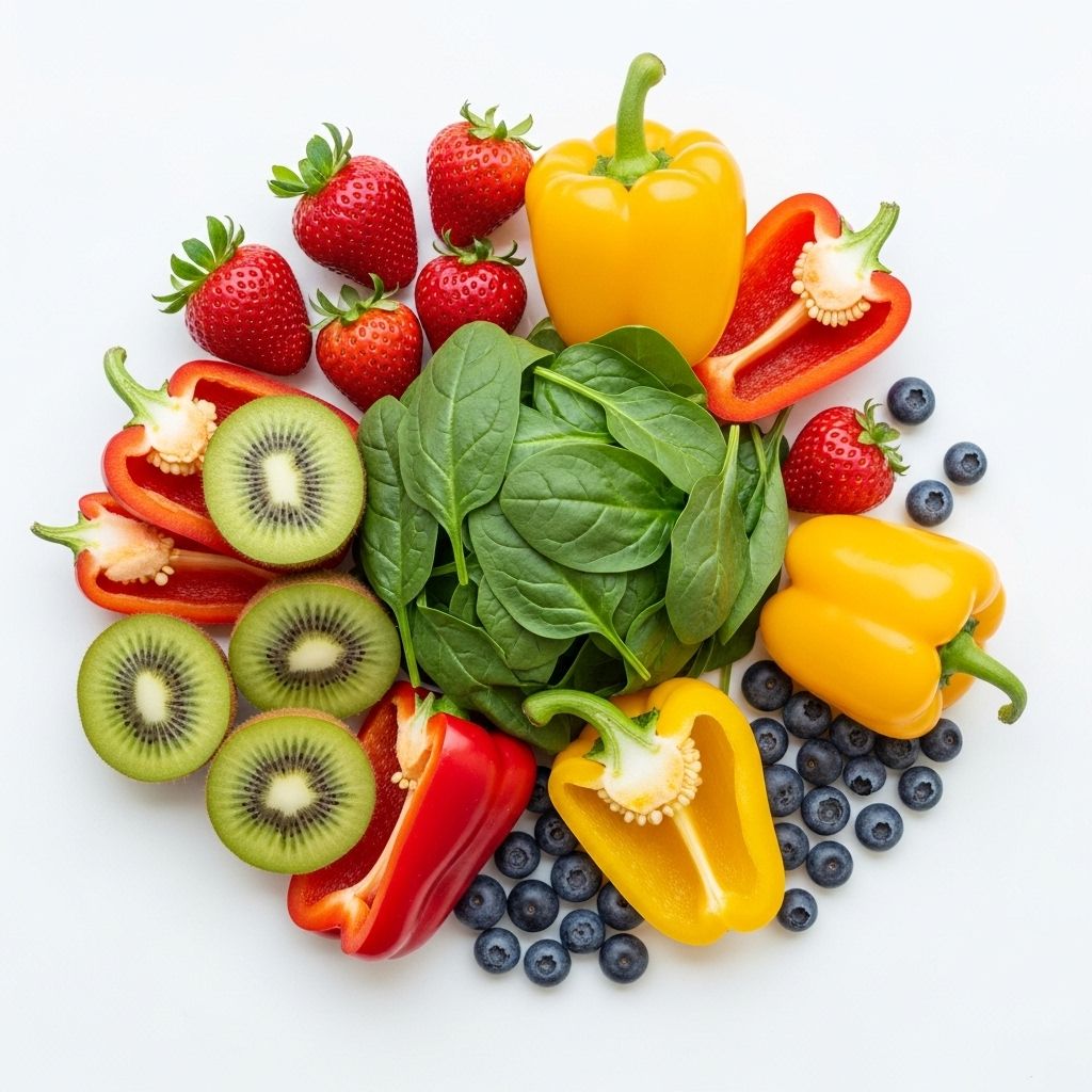 Vibrant assortment of seasonal fruits and vegetables including strawberries, kiwi, spinach, bell peppers and blueberries displayed on a bright white surface