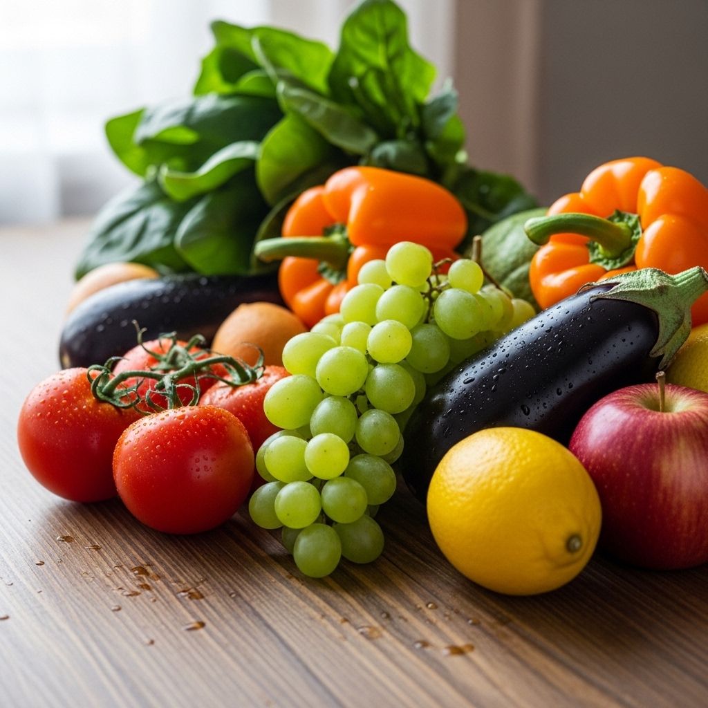 Colorful fresh vegetables and fruits arranged on a wooden kitchen table with natural soft light