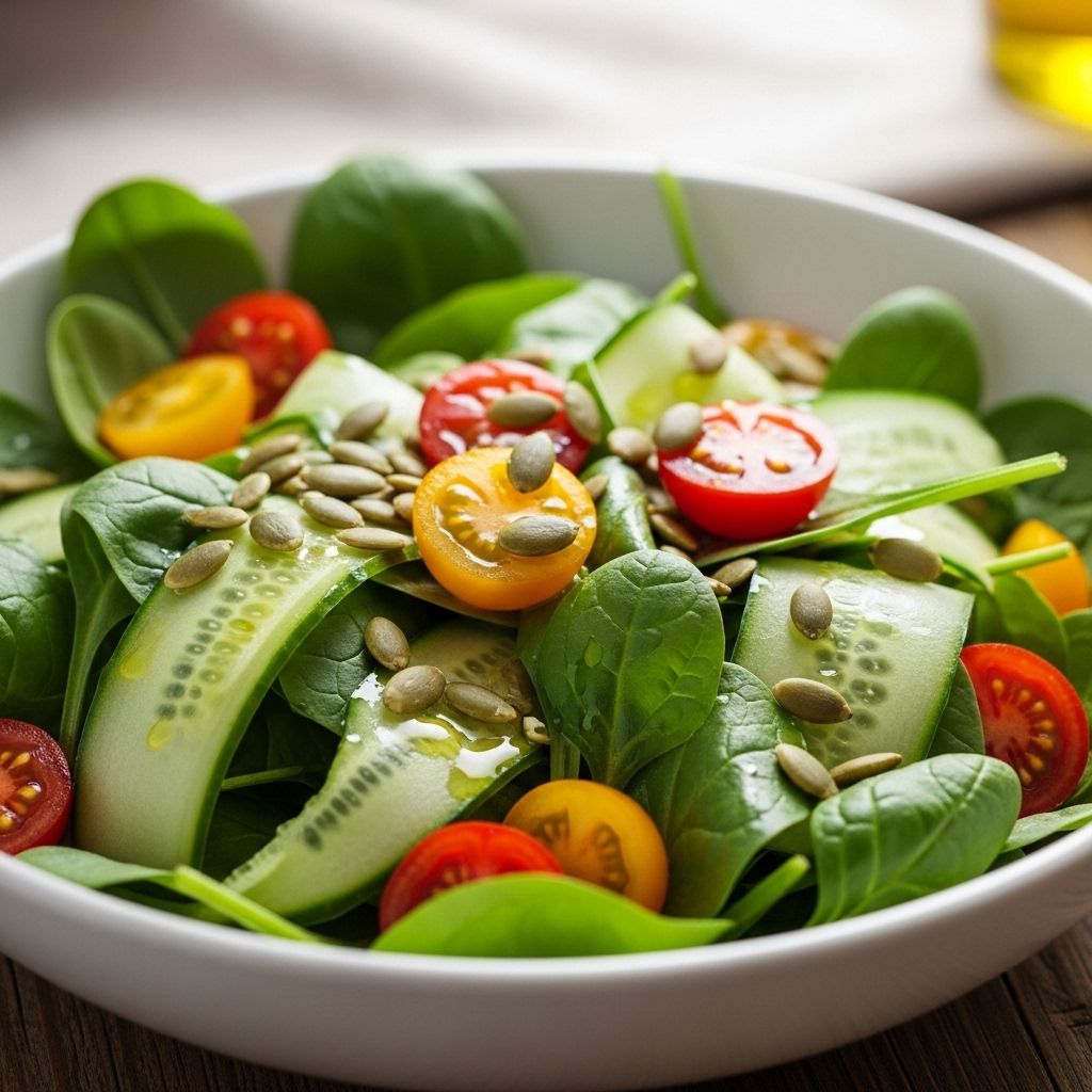 Fresh green salad with baby spinach, cucumber, cherry tomatoes, pumpkin seeds and a light olive oil dressing served in a white ceramic bowl