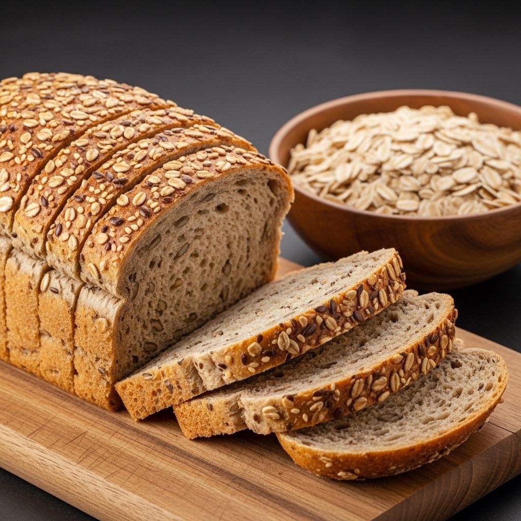 Freshly sliced whole grain bread with visible seeds and grains on a wooden cutting board next to a bowl of rolled oats